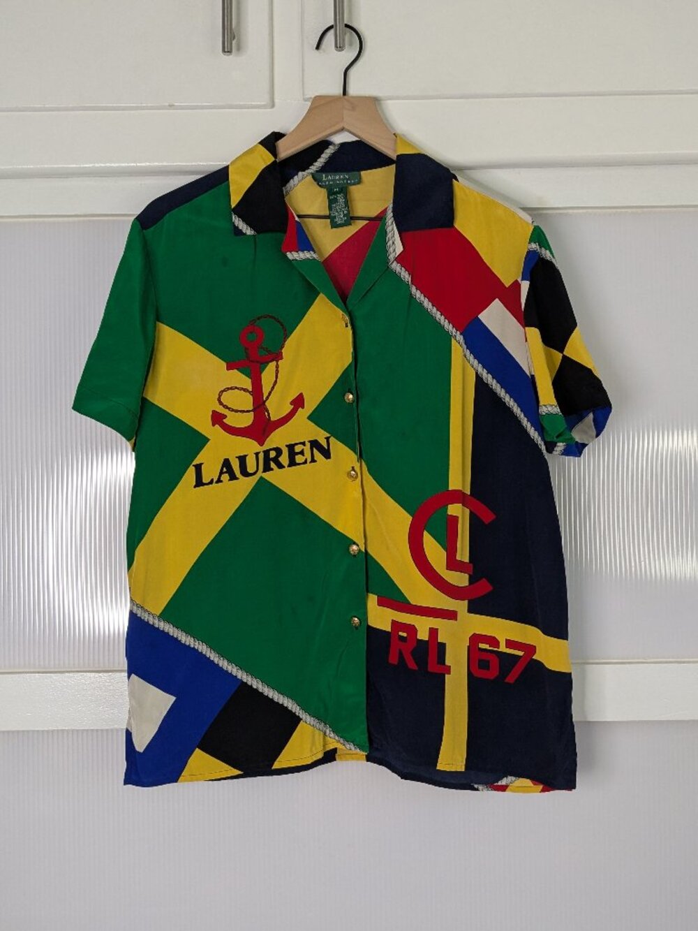 Vintage Lauren Ralph Lauren Silk RL-67 Anchor Flag Print Button Shirt Medium